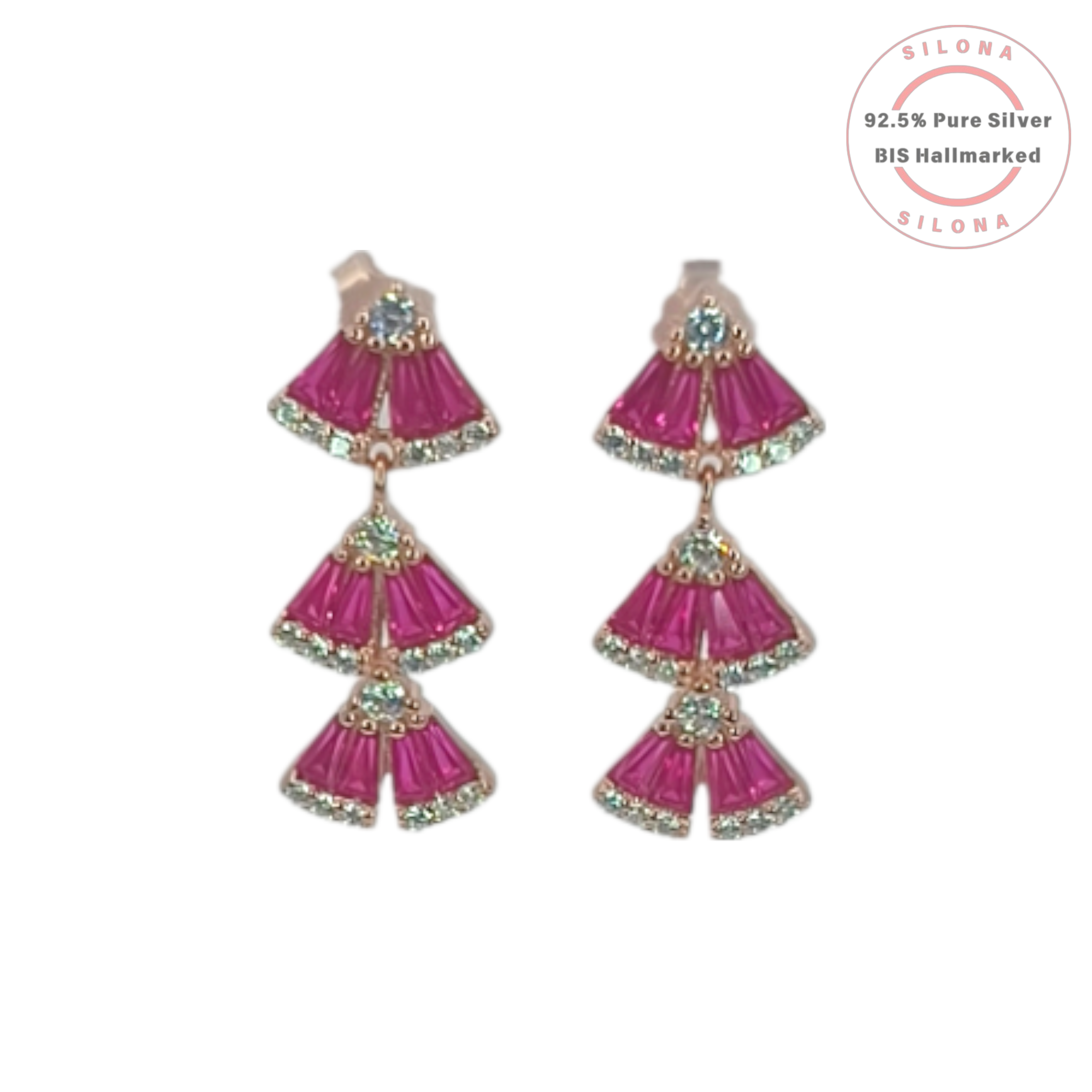 A pair of Silona's Art Deco Tiered Fan Drop Earrings in rose gold plated 92.5 silver, featuring fuchsia pink and ice blue cubic zirconia stones, on a white background.